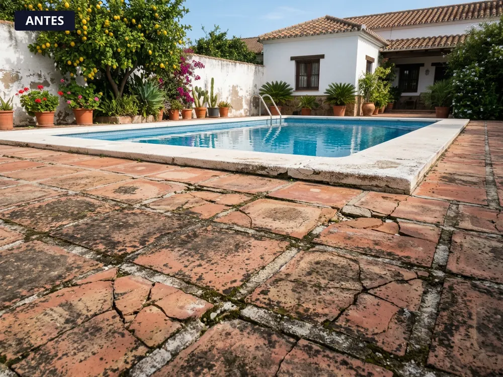 Piscina baldosa vieja antes Piscina enterrada con la playa de baldosa vieja, agrietada y con manchas