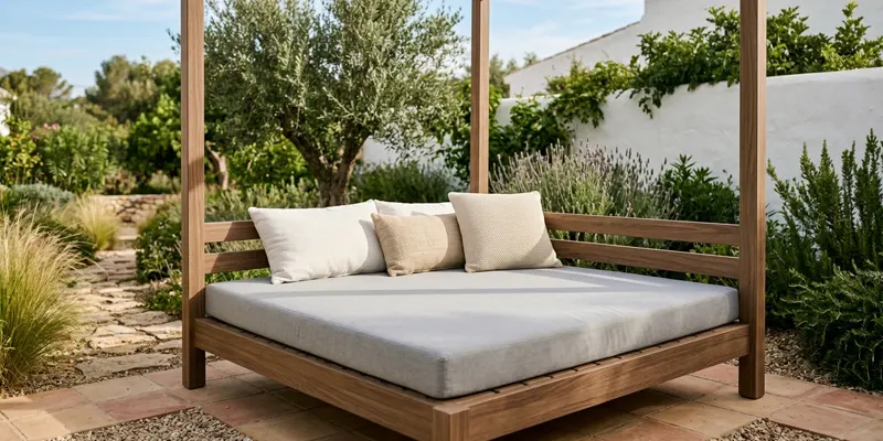 Colchón de exterior y cojines sobre una cama balinesa de madera