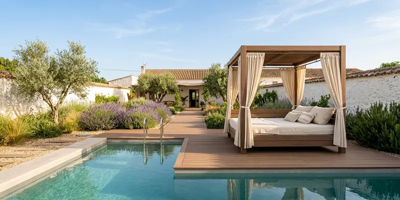 Cama balinesa sobre tarima de madera tecnológica junto a una piscina
