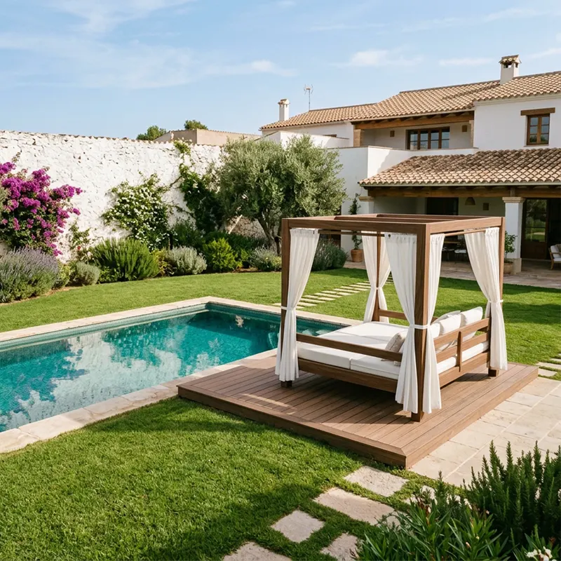 Entorno de piscina con cama balinesa Jardín con piscina y cama balinesa sobre tarima, con paso libre hasta el borde