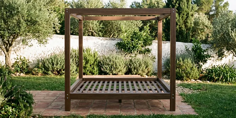 Detalle de la estructura y las lamas de madera tecnológica de una cama balinesa