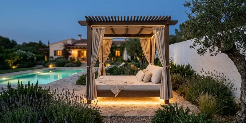 Cama balinesa de madera tecnológica iluminada con LED al anochecer