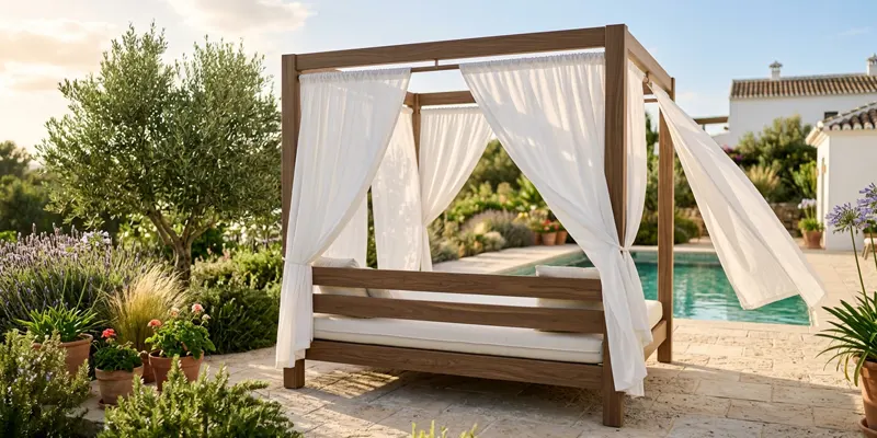 Cortinas blancas de exterior en una cama balinesa
