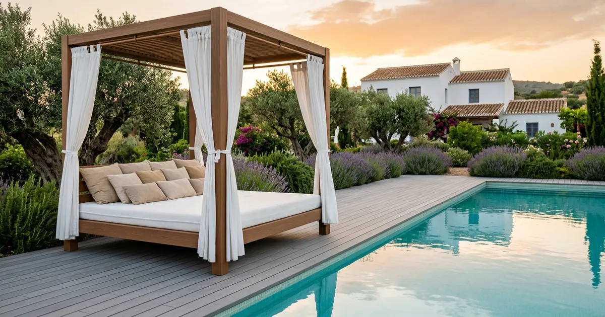 Cama balinesa de madera tecnológica sobre la tarima de una piscina en un jardín