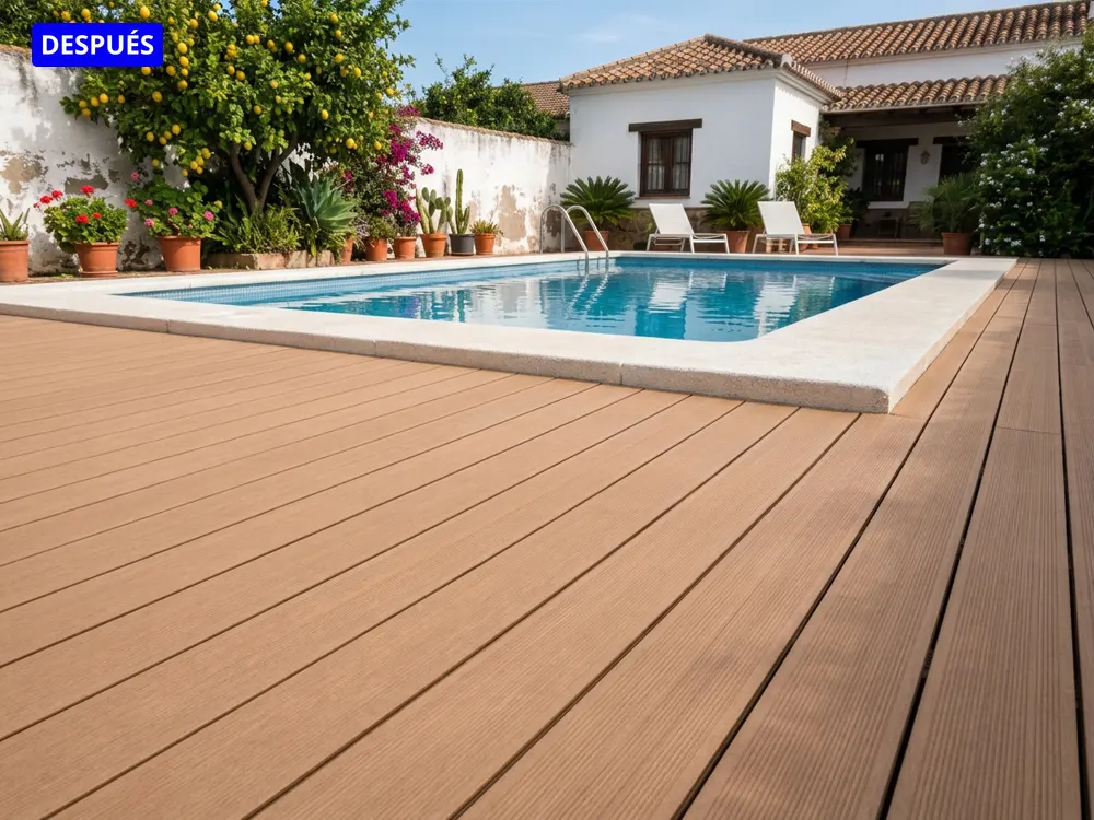 Piscina de baldosa vieja después con madera tecnológica La misma piscina con la playa renovada con tarima de madera tecnológica y tumbonas