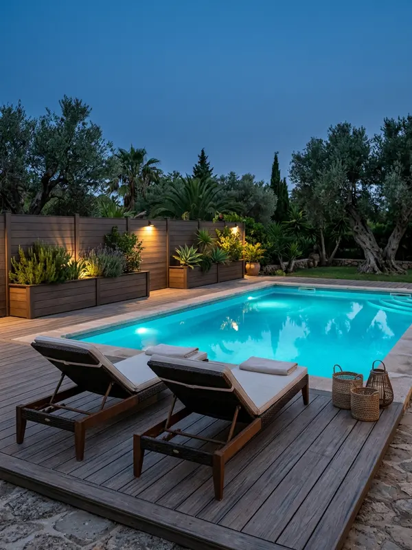 Entorno de una piscina con tarima, valla y jardineras de madera tecnológica iluminado al anochecer