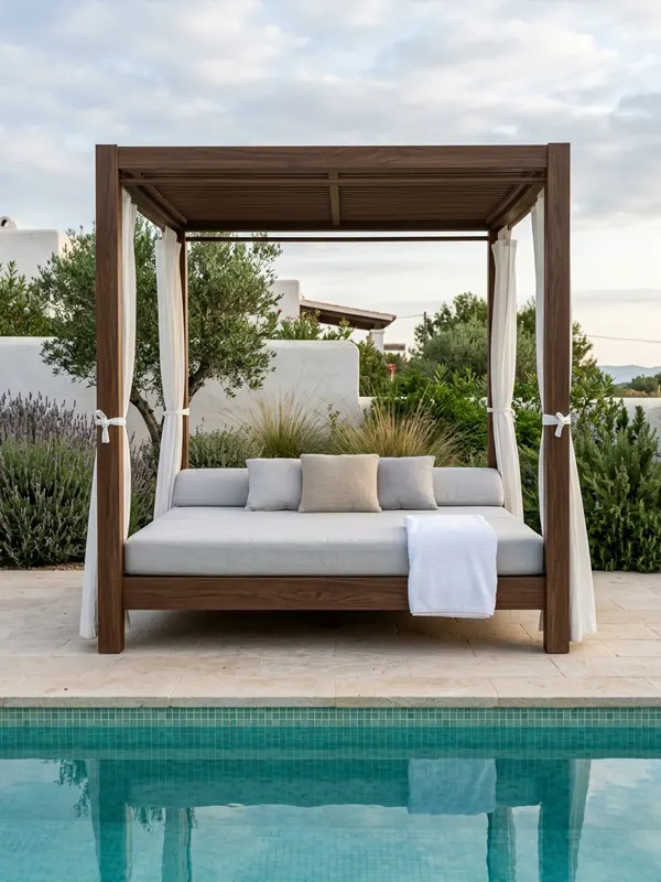 Cama balinesa de madera tecnológica con cojines Cama balinesa de madera tecnológica con cojines y cortinas recogidas junto a una piscina
