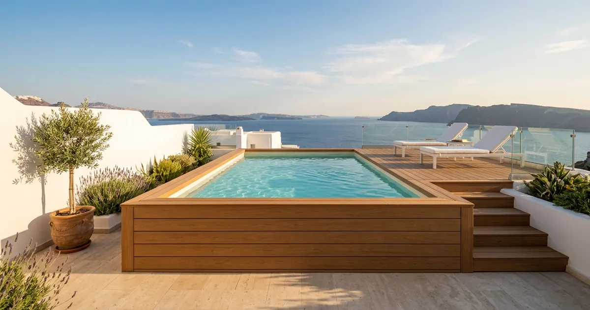 Piscina elevada forrada con madera tecnológica en tono teca, con escalera y tarima, en una terraza mediterránea