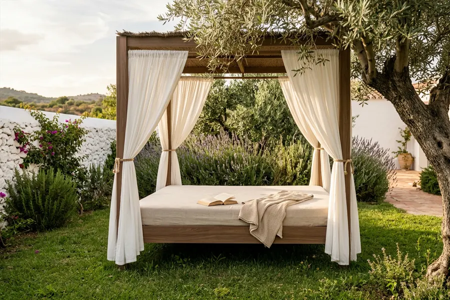 Cama balinesa con cortinas en un rincón del jardín