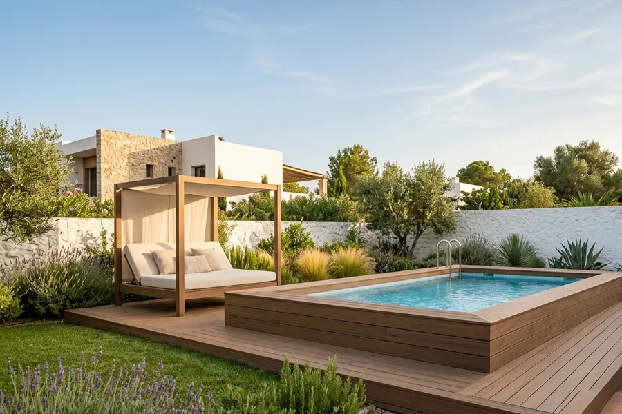Piscina elevada forrada con tarima y cama balinesa a juego