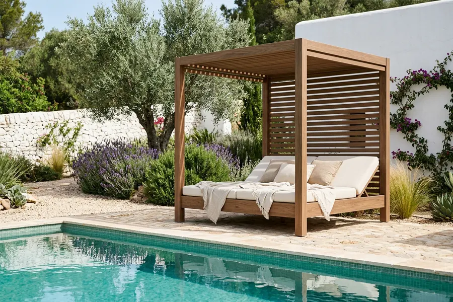 Cama balinesa doble con techo de lamas al borde de una piscina