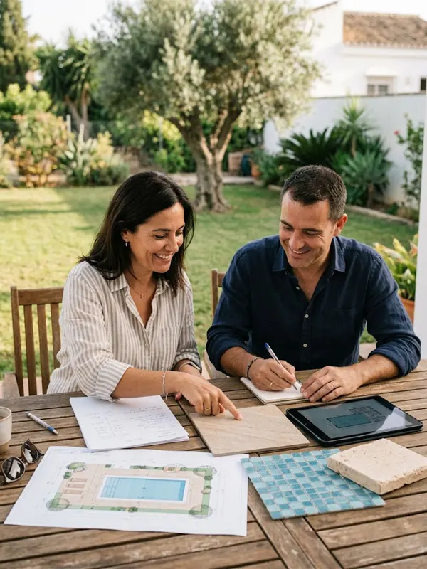 imagen-faqs-construcción Pareja revisando el plano y las muestras de acabados de su futura piscina