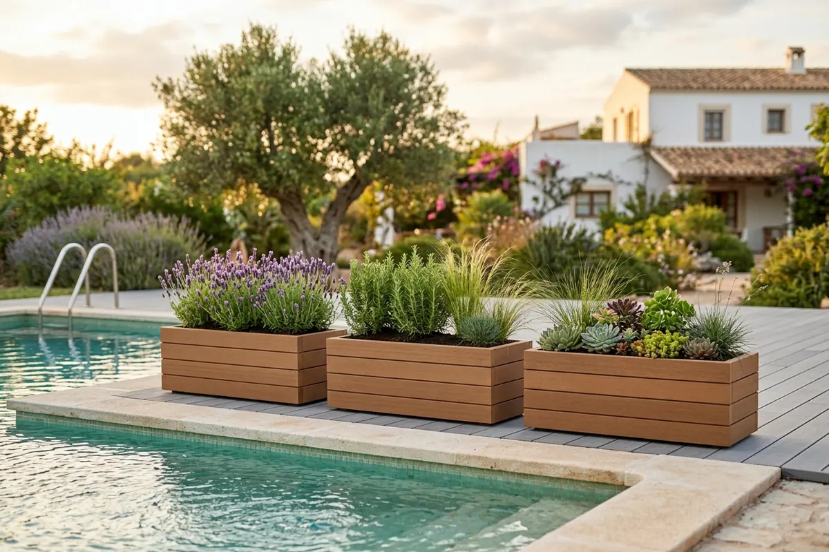 Jardineras de madera tecnológica con lavanda y romero junto a la piscina