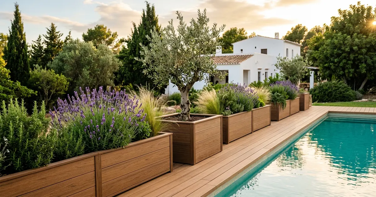Jardineras de madera tecnológica con plantas mediterráneas junto a la tarima de una piscina
