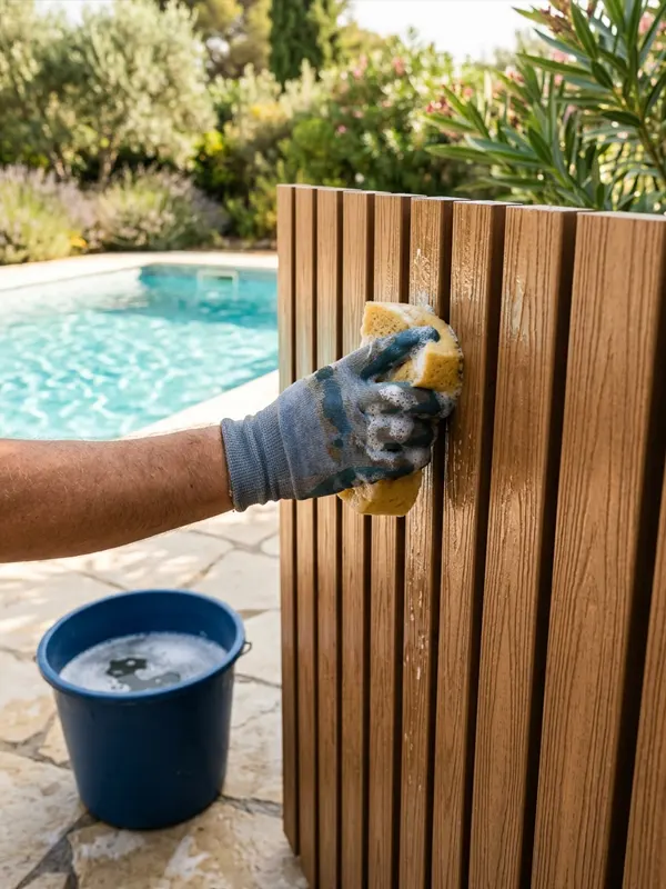 Limpieza de una valla de madera tecnológica Mano limpiando con una esponja y agua jabonosa una valla de madera tecnológica junto a una piscina