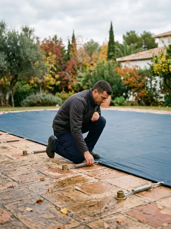 mantenimiento-piscinas-invernaje Profesional colocando el cobertor de invierno en una piscina en otoño