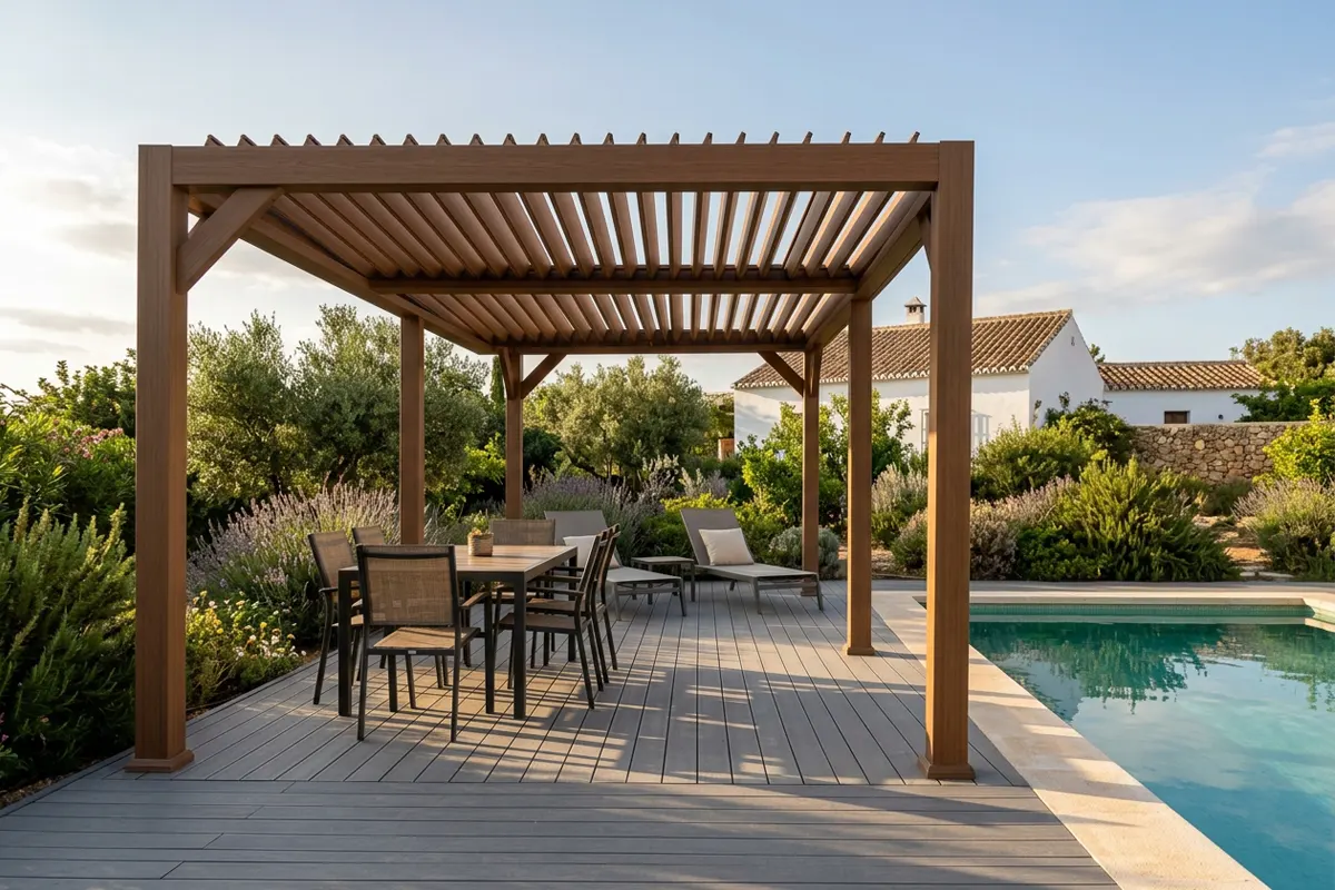 Zona de comedor a la sombra de una pérgola de madera tecnológica junto a la piscina