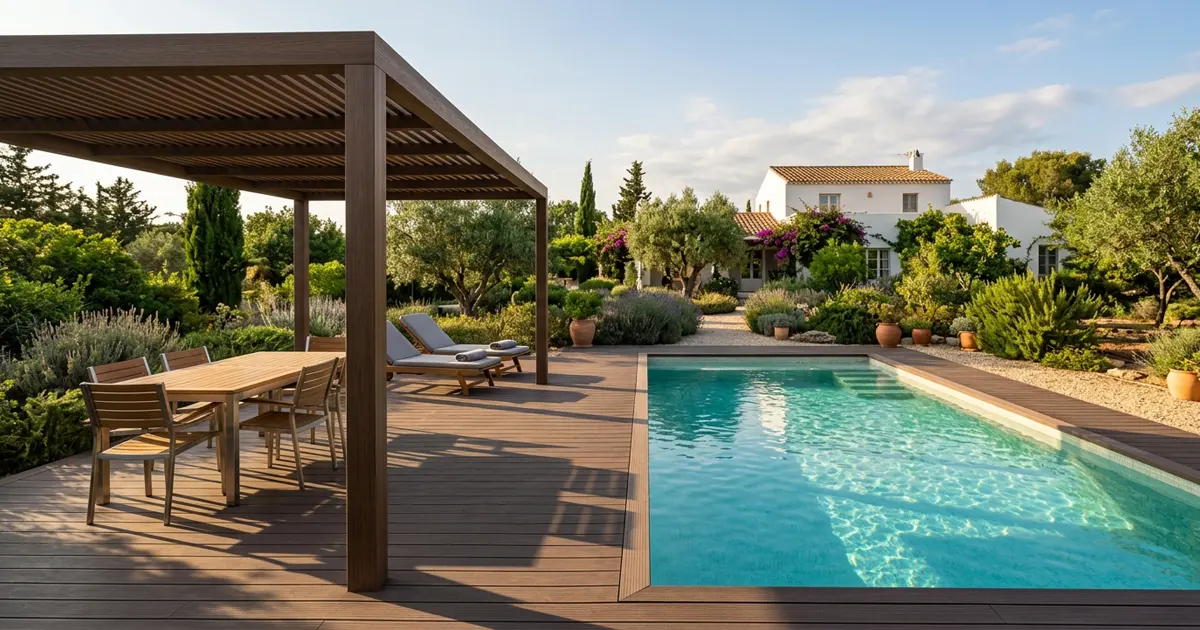 Pérgola de madera tecnológica que da sombra a la zona de tumbonas junto a una piscina