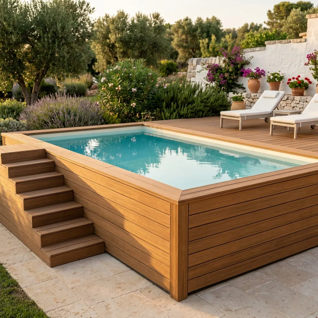 Piscina elevada forrada con madera tecnológica en tono teca, con escalera integrada y tarima a la altura del borde