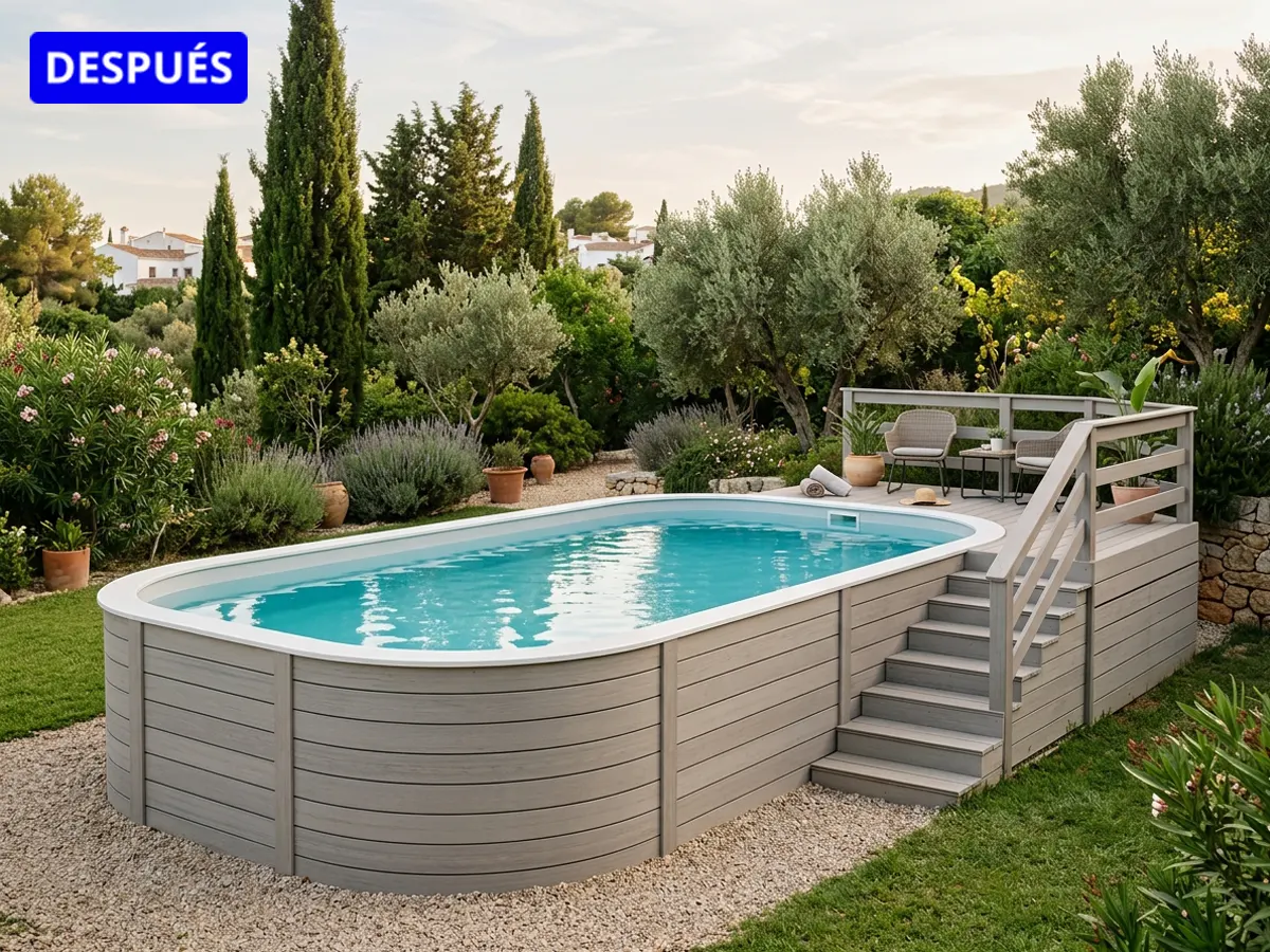 Ejemplo ilustrativo de la misma piscina forrada con madera tecnológica en tono teca