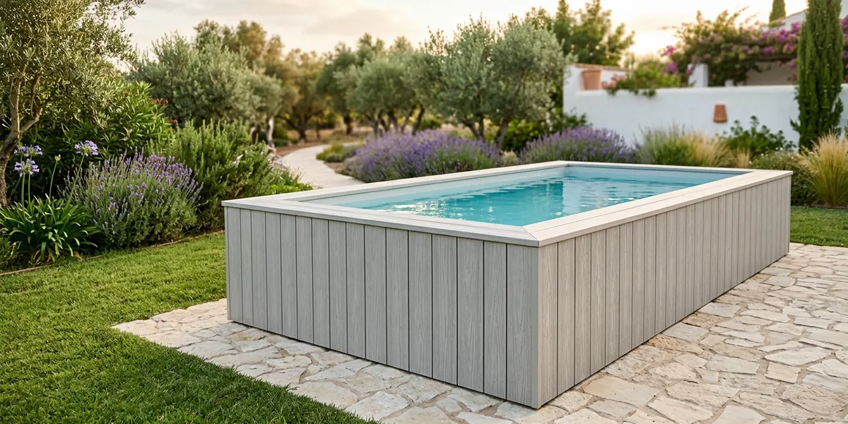 Piscina elevada de obra forrada con madera tecnológica gris claro en un jardín