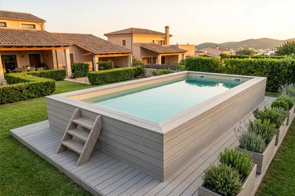Piscina elevada forrada con madera tecnológica