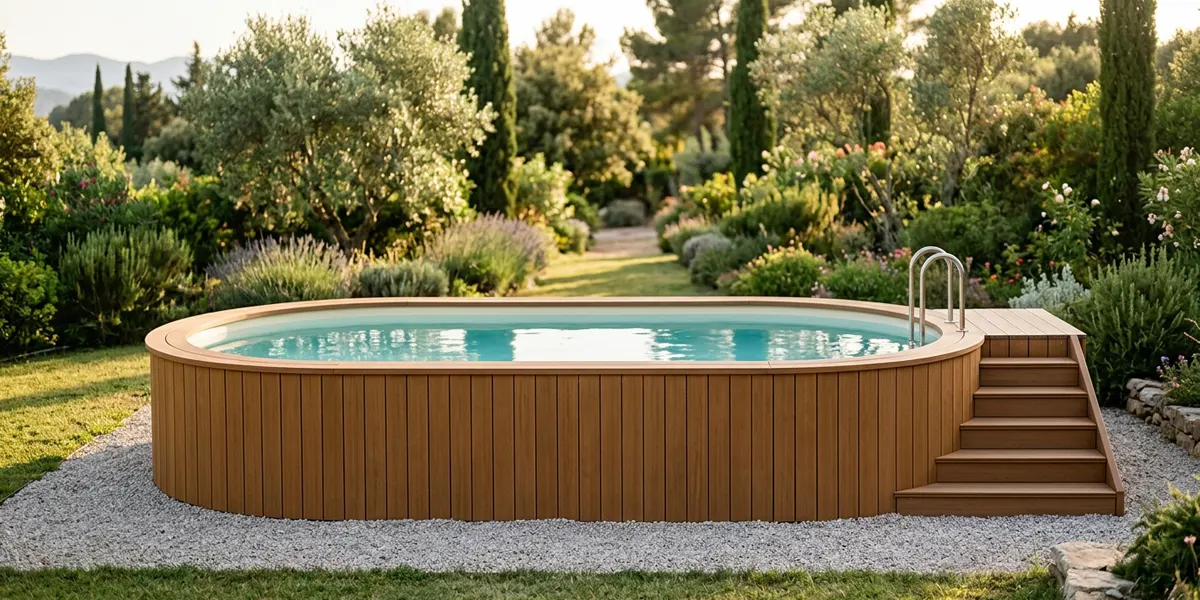 Piscina elevada de poliéster forrada con madera tecnológica en tono teca y escalera integrada