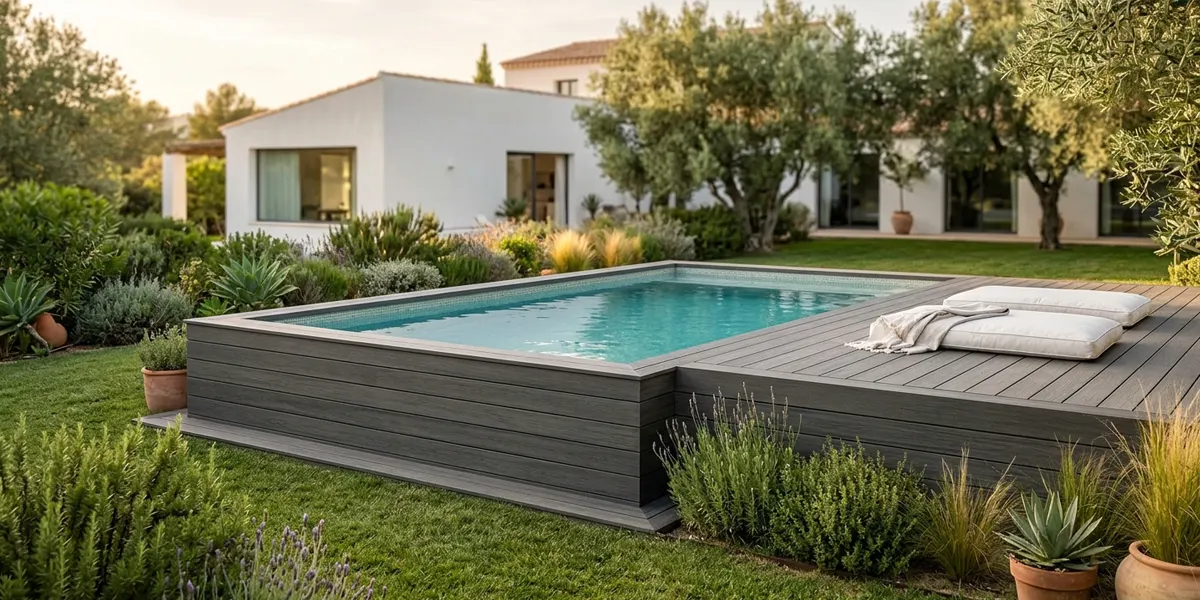 Piscina semienterrada forrada con madera tecnológica gris antracita y tarima a la altura del borde