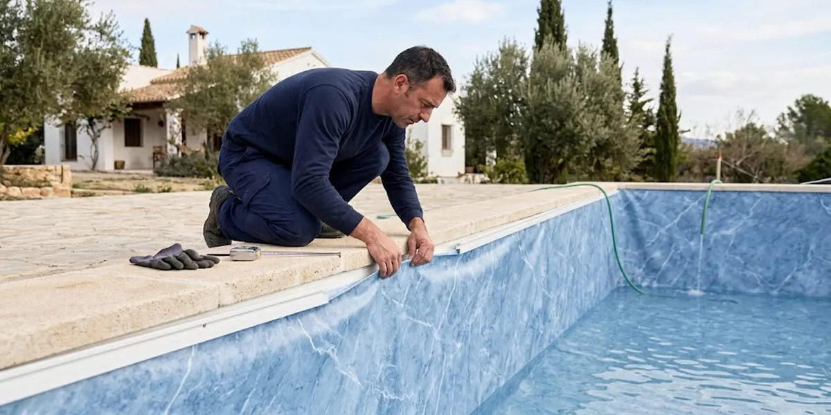 Profesional revisando un liner nuevo con estampado de mármol mientras la piscina empieza a llenarse