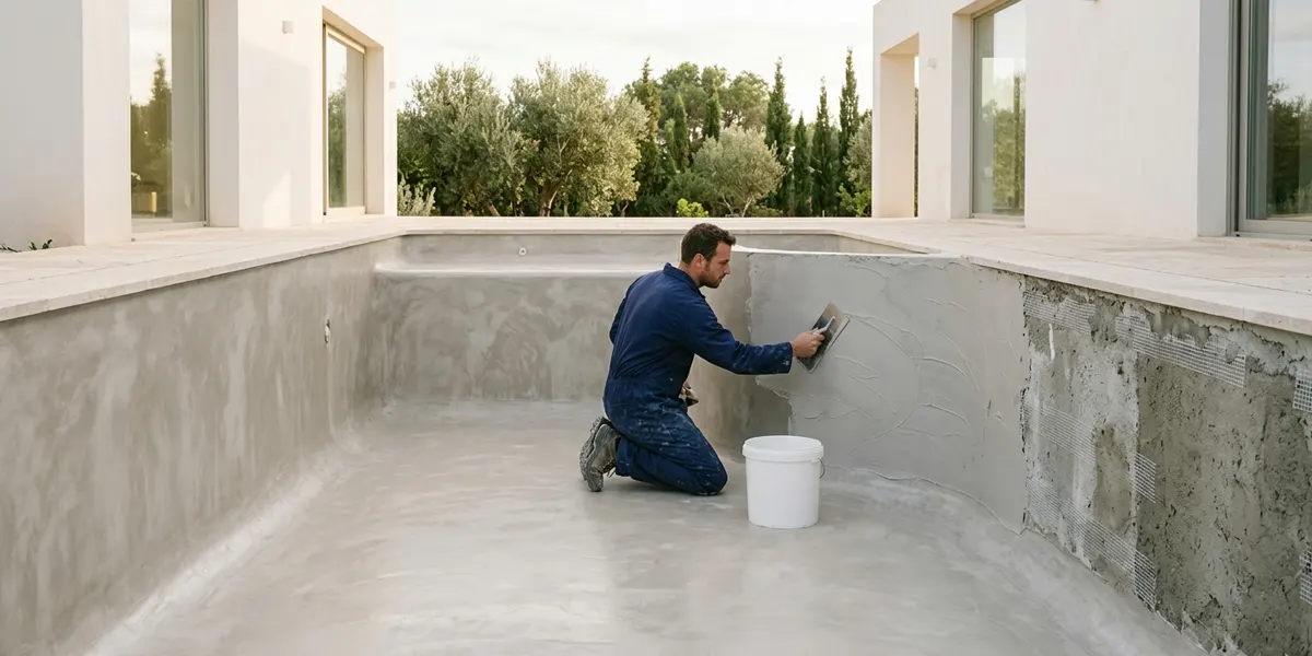 Profesional aplicando microcemento con llana en la pared de una piscina vacía