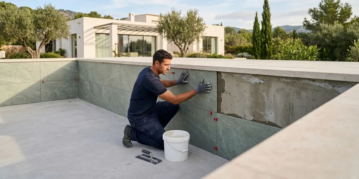 Profesional colocando porcelánico de gran formato efecto piedra en una piscina
