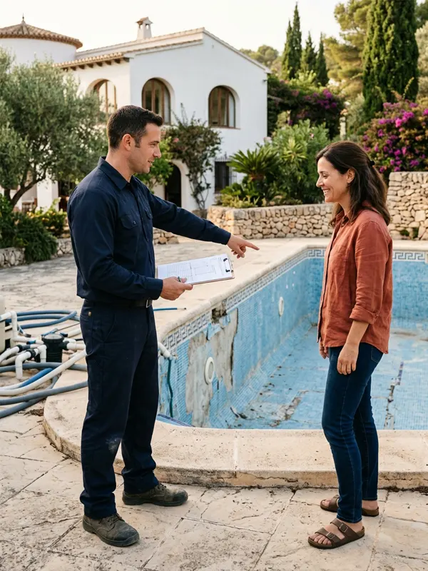 rehabilitacion-preguntas-frecuentes Profesional explicando a una propietaria las opciones para rehabilitar su piscina antigua