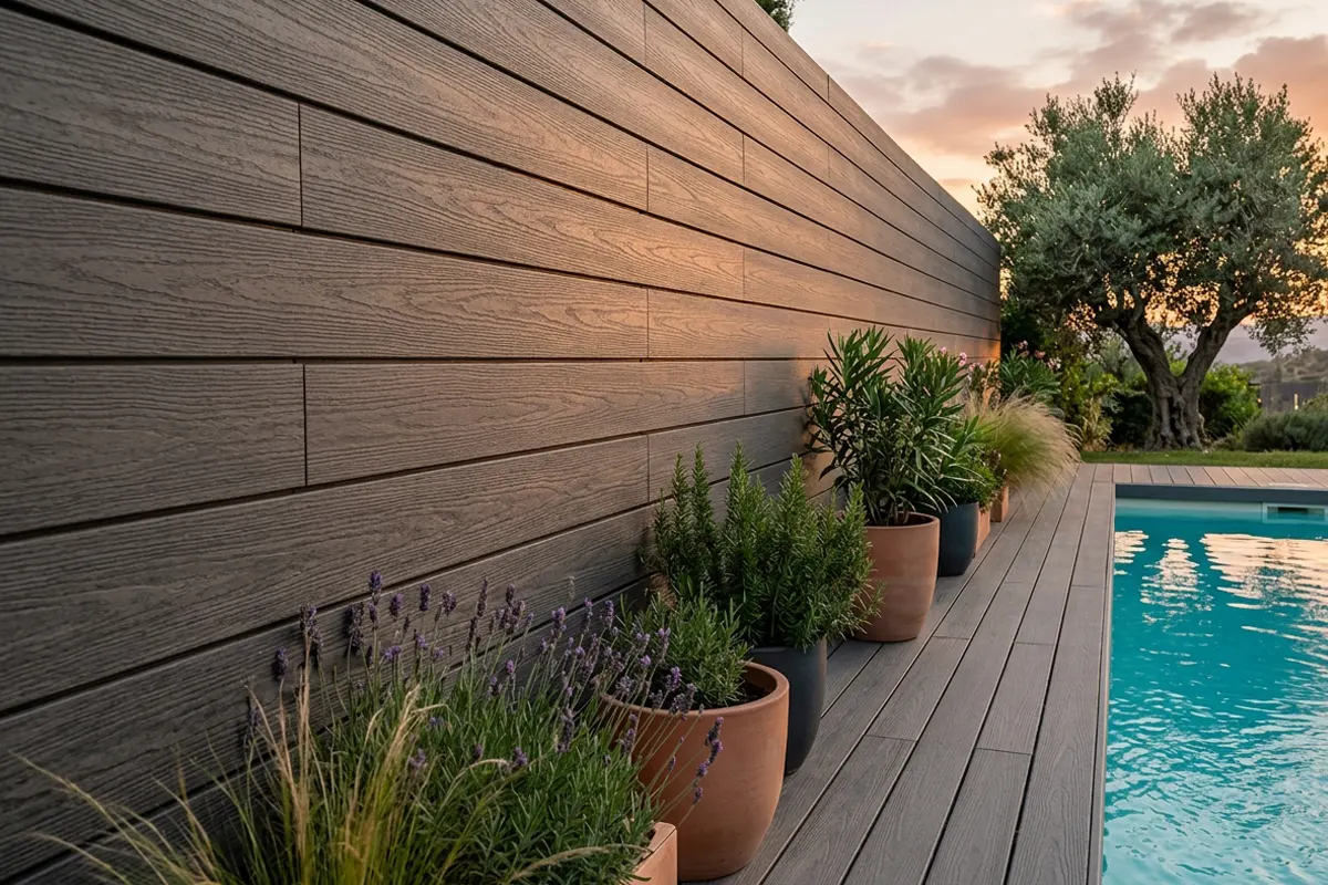 Muro de jardín revestido con tablas de madera tecnológica a juego con la tarima de la piscina
