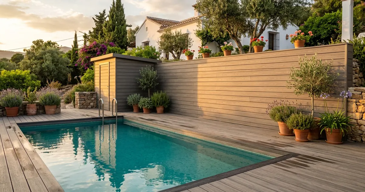 Muro y cuarto de máquinas revestidos con madera tecnológica junto a una piscina