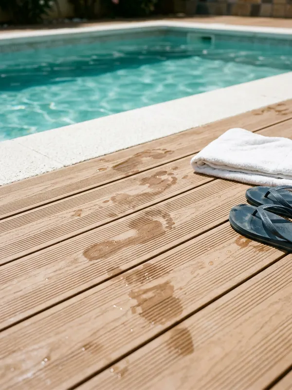 Tarima antideslizante en el borde de una piscina Detalle de tarima de madera tecnológica con textura antideslizante y gotas de agua junto al borde de una piscina