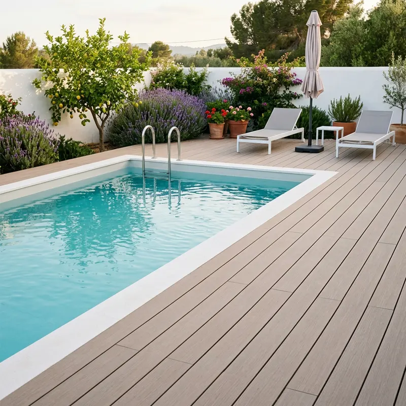 Tarima para Piscina en Madera Tecnológica Playa de piscina con tarima de madera tecnológica y tumbonas