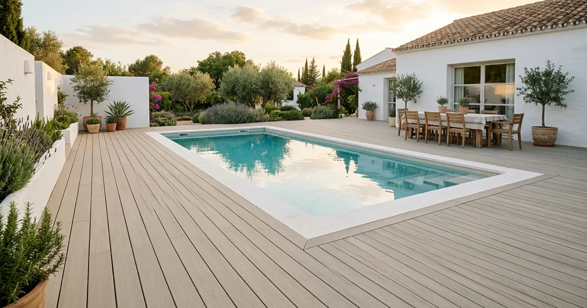 Tarima de madera tecnológica alrededor de una piscina enterrada y una zona de comedor exterior