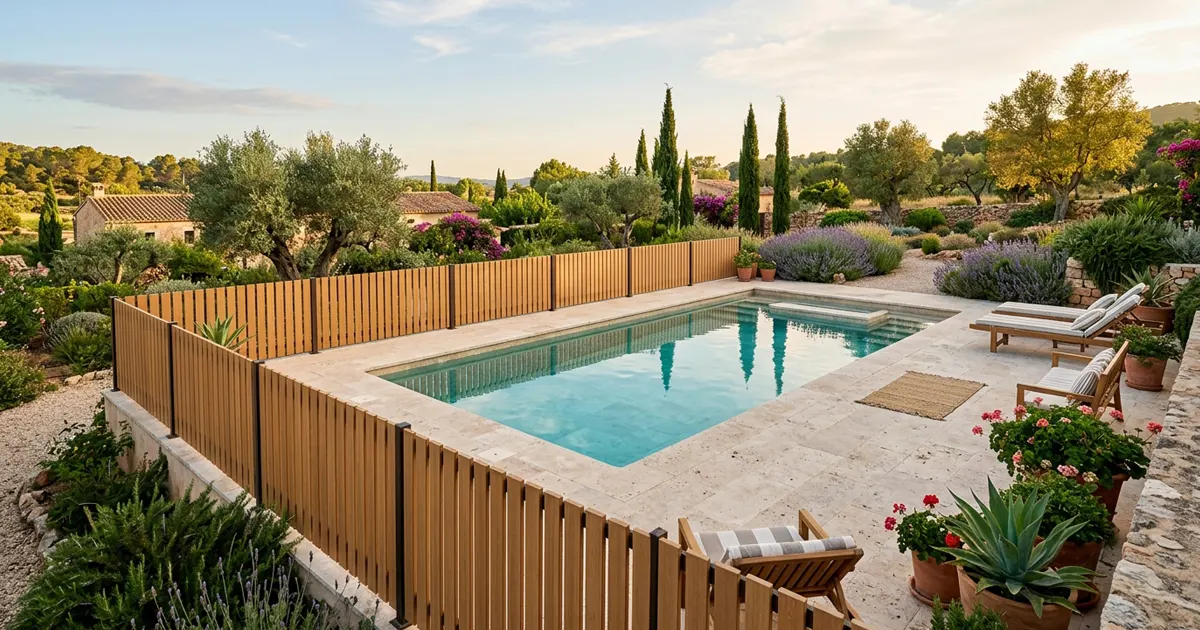 Valla de madera tecnológica de lamas verticales cerrando la zona de una piscina en un jardín mediterráneo